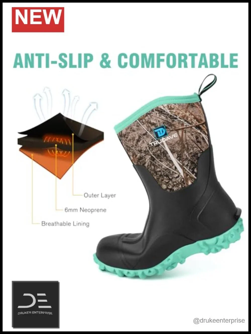 Women's Waterproof Insulated Mid Calf Rain Boots with Steel Shank, Neoprene